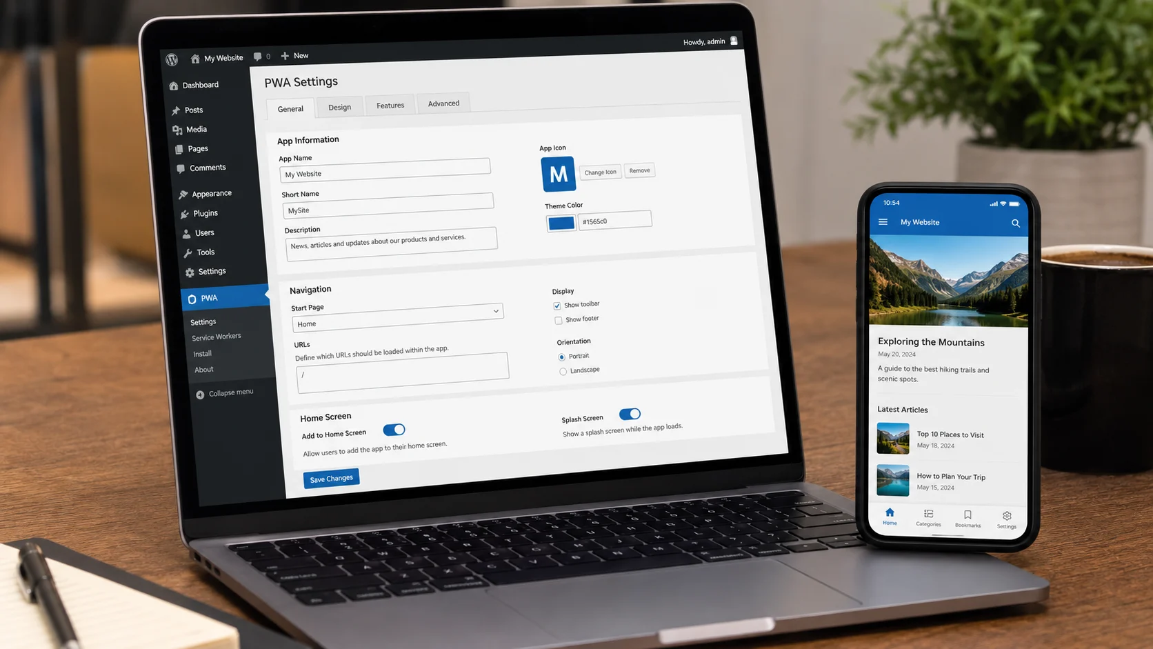PWA Oluşturma ayarlarını gösteren WordPress paneli ve mobil telefon önizlemesi