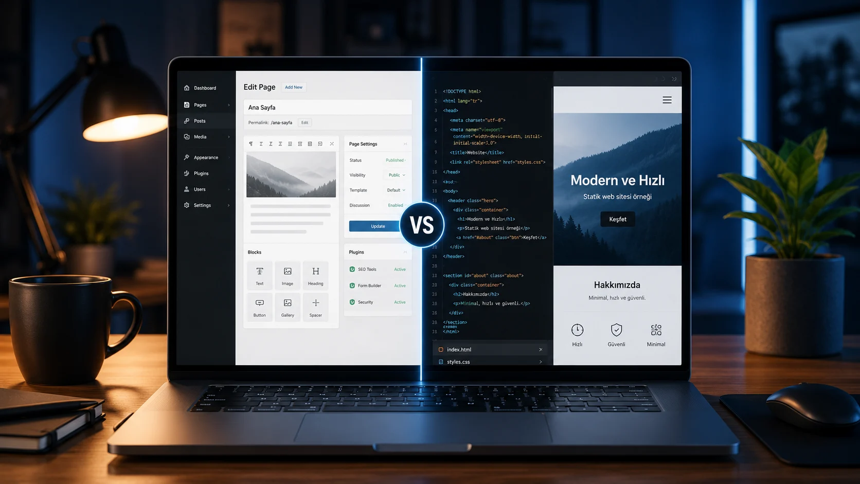 WordPress mi Statik HTML mi karşılaştırmasını gösteren ikiye bölünmüş dizüstü bilgisayar ekranı