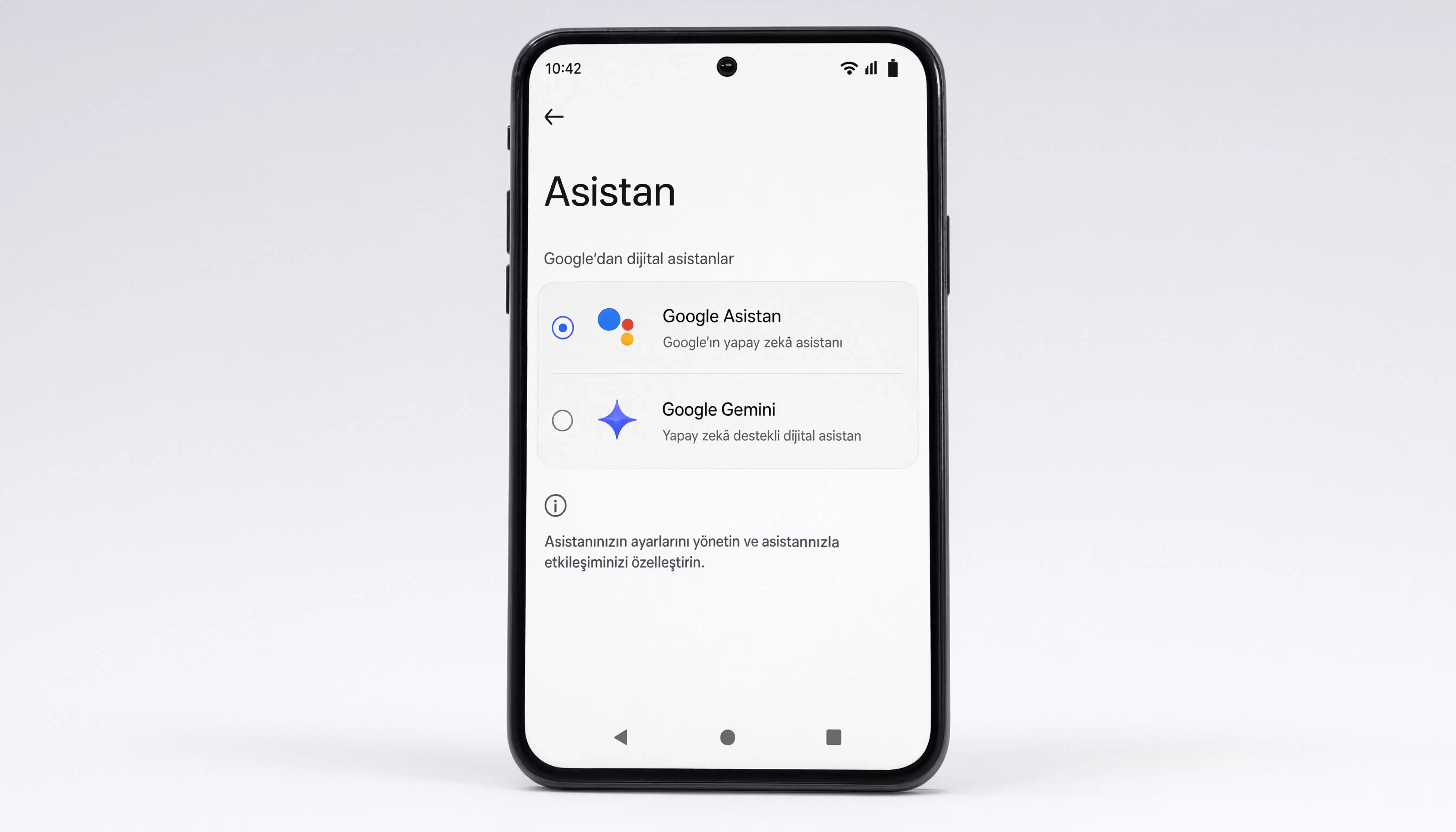 Android Ayarlar menüsünde Asistan seçimi ekranını gösteren görsel