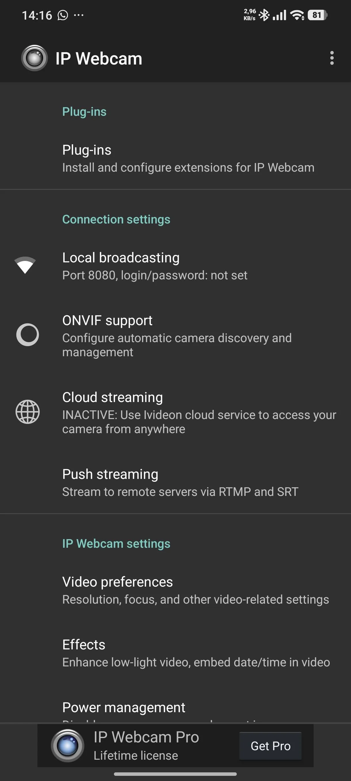 IP Webcam uygulaması ana ekranını ve IP adresini gösteren ekran görüntüsü