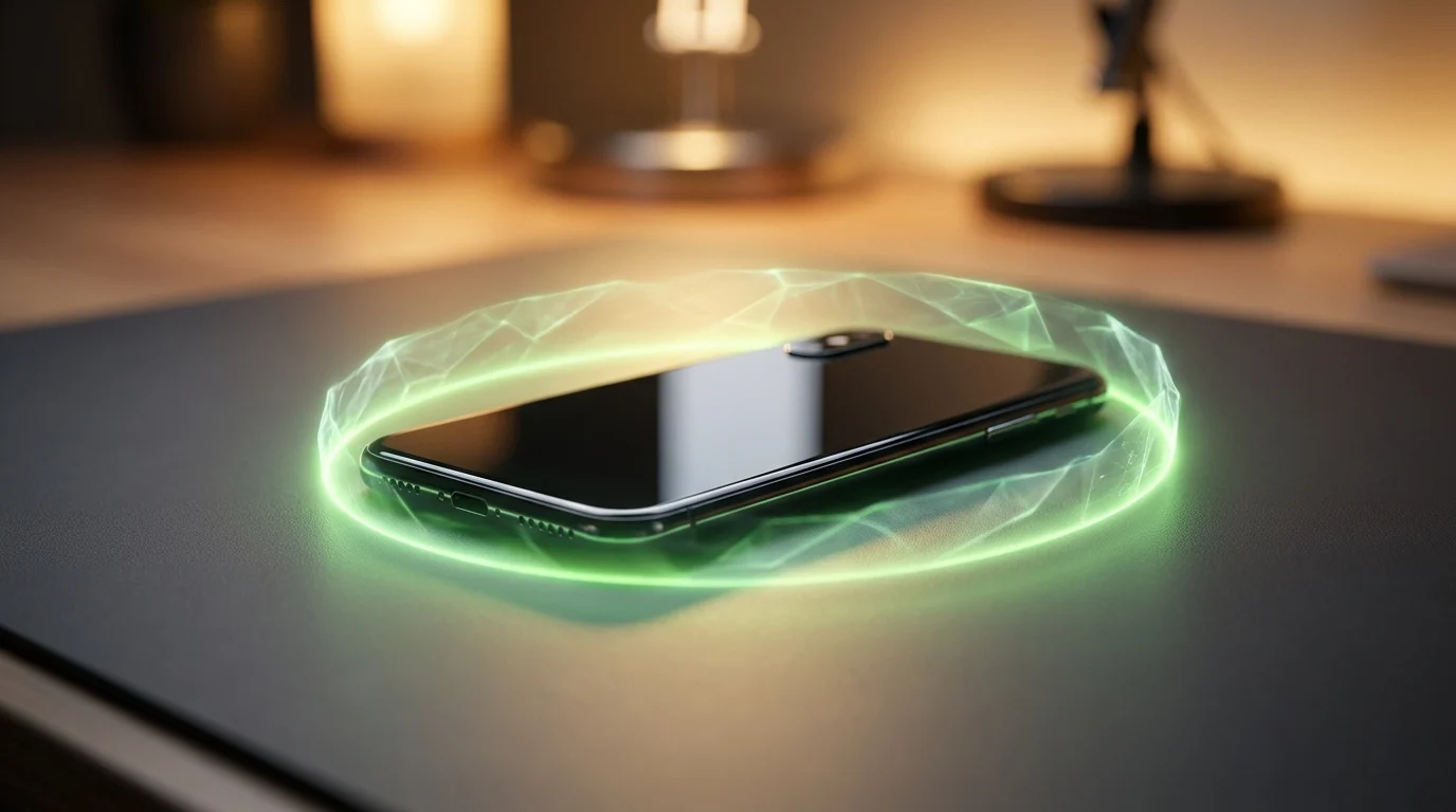 Android pil tasarrufu modunu ve uzun şarj ömrünü simgeleyen, etrafında yeşil enerji dalgaları parlayan şık bir akıllı telefon.