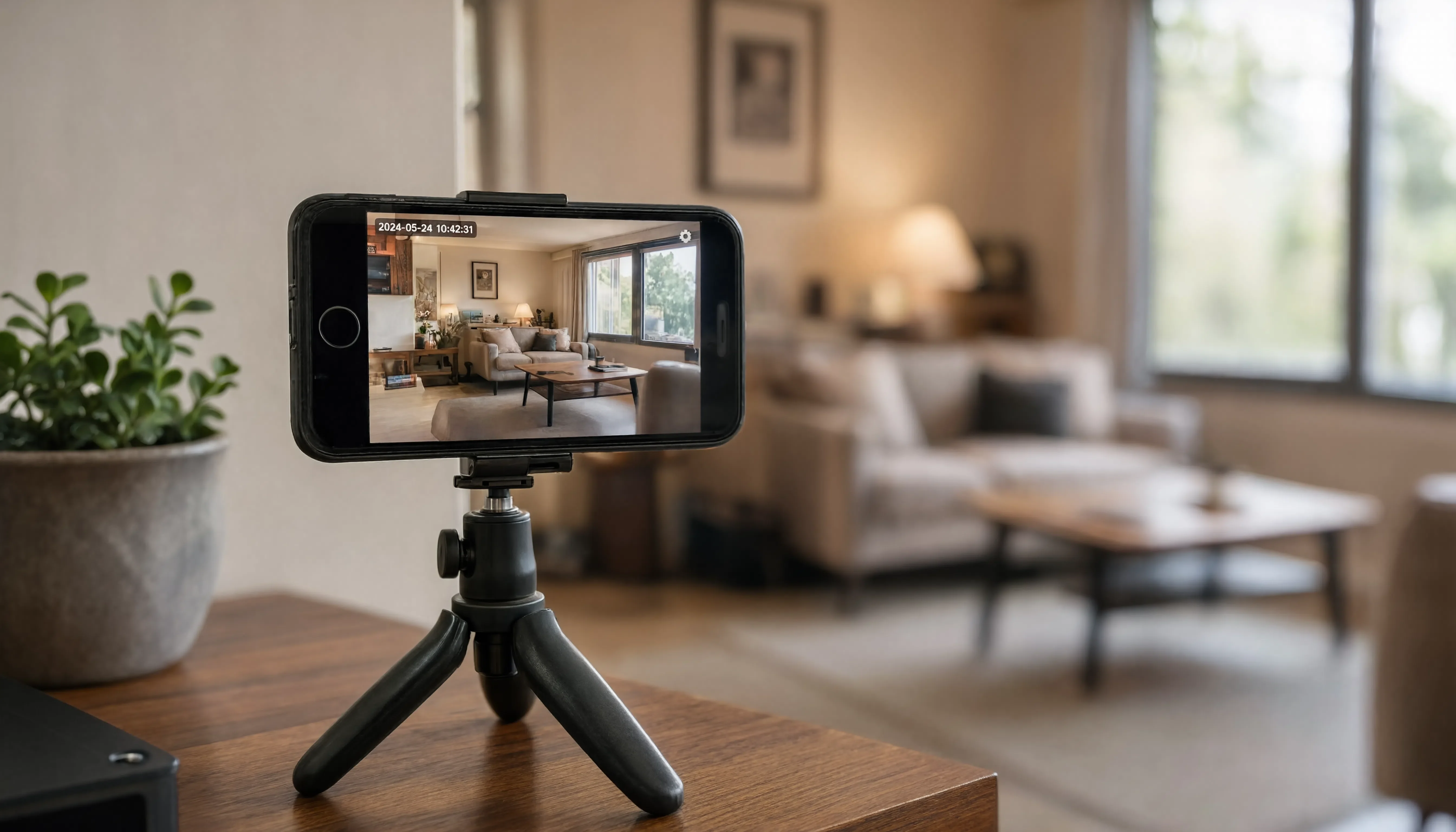 Eski bir telefonun tripod üzerinde kurulu ve bir odayı izlediği konsept fotoğraf