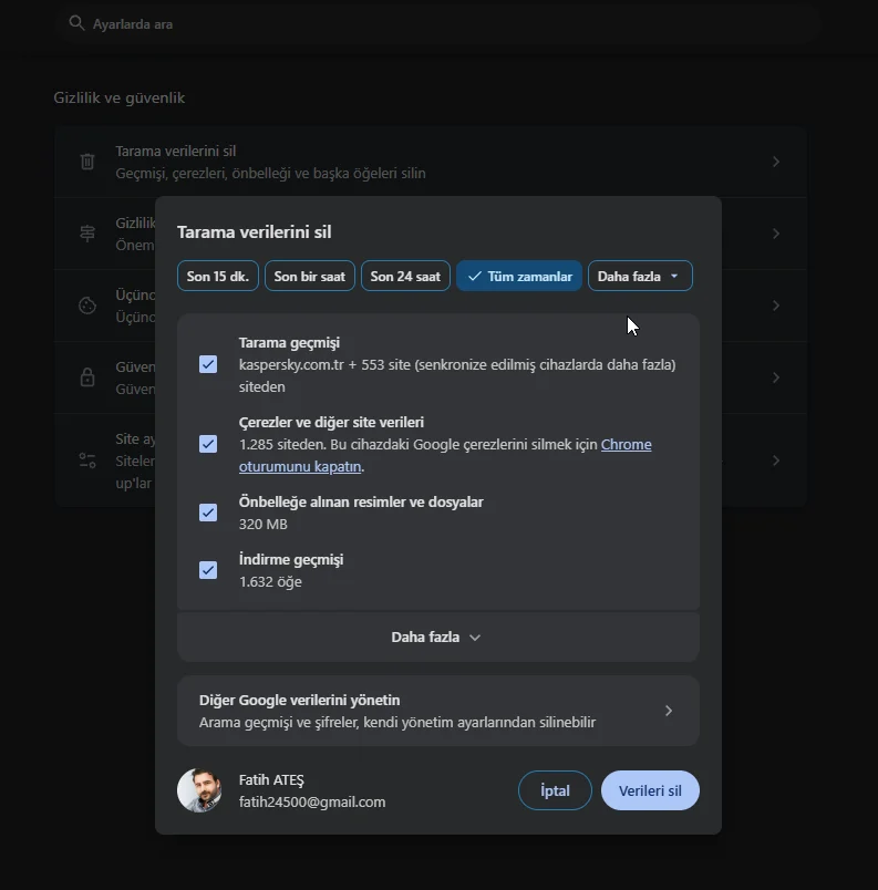 Chrome tarayıcısında önbellek ve çerez temizleme ekranı