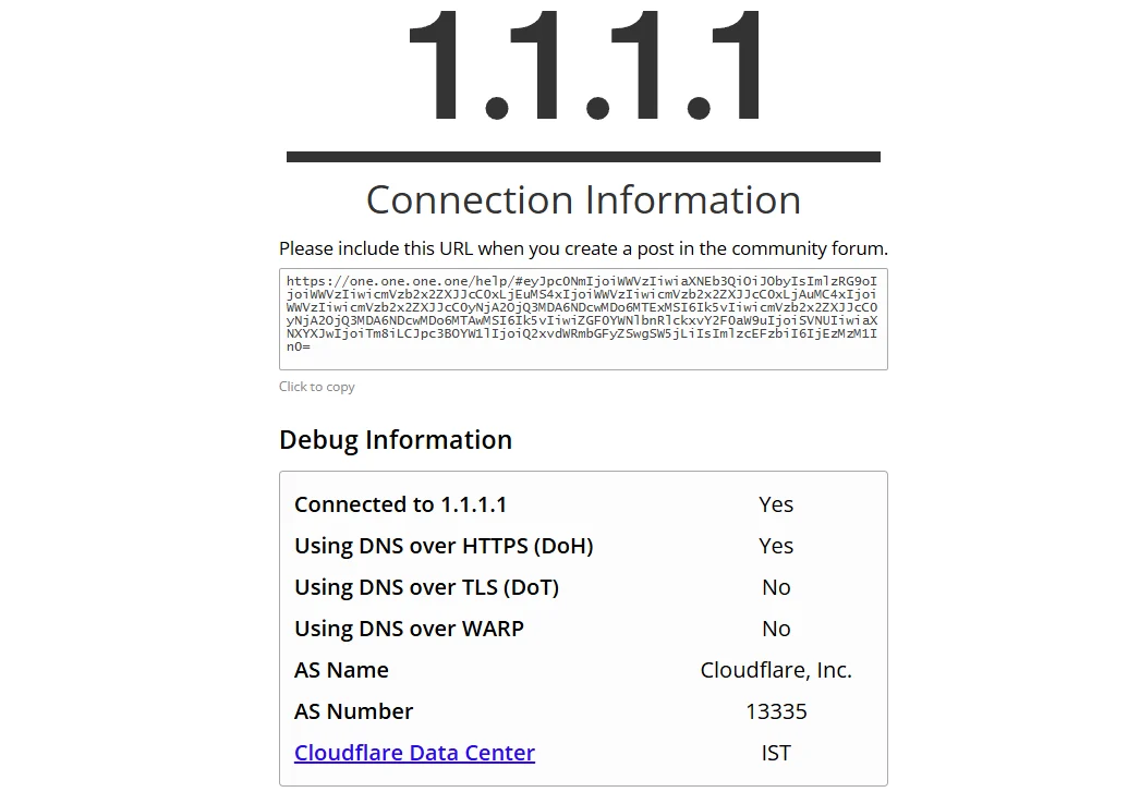 Cloudflare DNS test sayfasında şifreli DNS doğrulamasını gösteren ekran görüntüsü