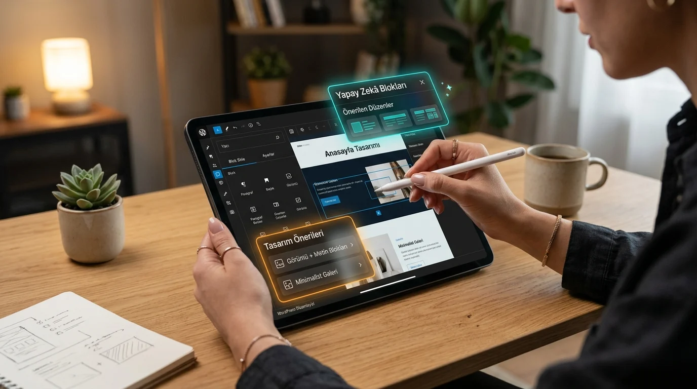 WordPress yapay zekâ web sitesi oluşturucu ile tablet üzerinden tasarım düzenleme süreci.