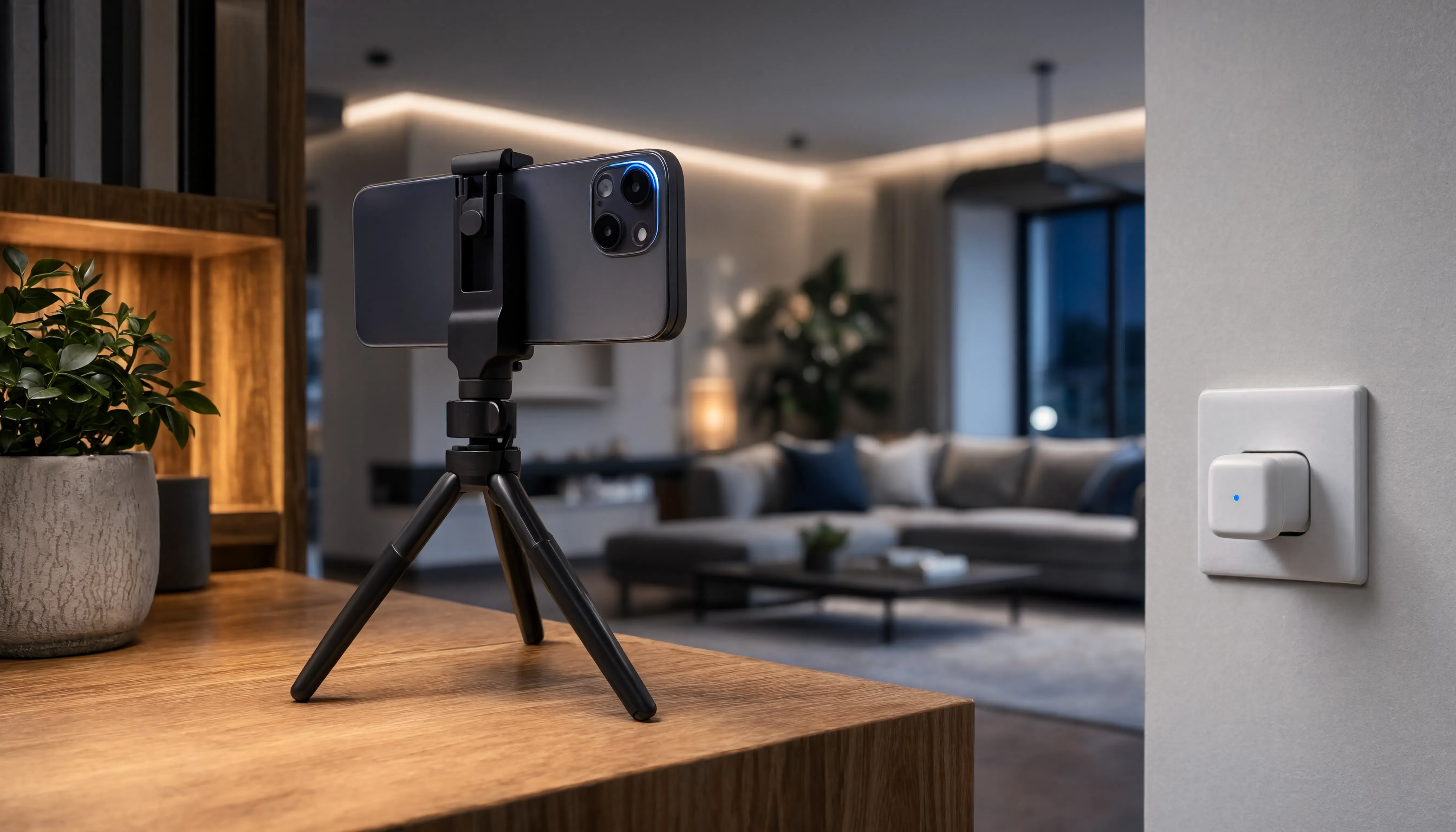 Eski Telefonu Güvenlik Kamerasına Dönüştürmek için kullanılan bir tripod üzerine yerleştirilmiş ve akıllı ev güvenlik kamerası olarak kullanılan eski bir akıllı telefonun görünümü.