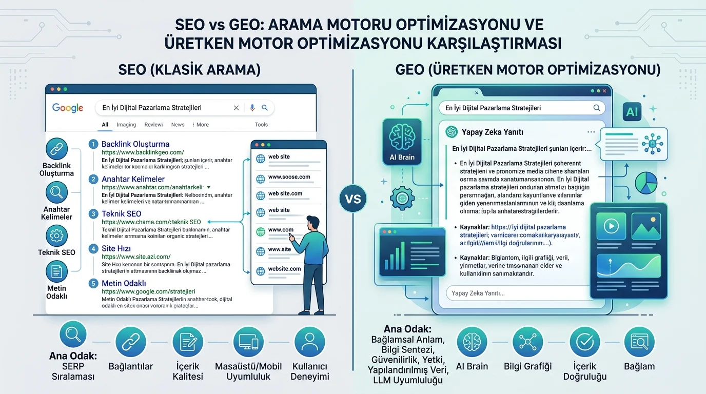 GEO, AEO ve SEO farkları klasik arama ile üretken motor optimizasyonunu karşılaştırıyor.