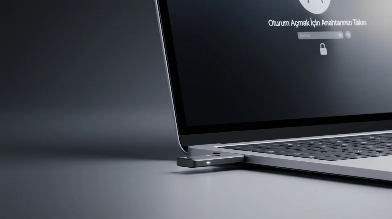 Geçiş anahtarı hack saldırısına karşı Windows bilgisayarında donanım anahtarı kullanan bir kişi.