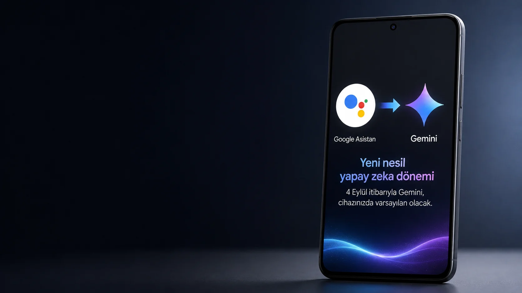 Google Asistan kapanıyor sürecini ve akıllı telefon ekranında klasik logodan yeni nesil yapay zeka Gemini'ye geçişi temsil eden görsel.