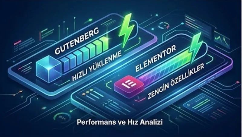 Gutenberg ve Elementor karşılaştırması, hızlı yüklenme ile zengin özellikler arasındaki farkı vurguluyor.
