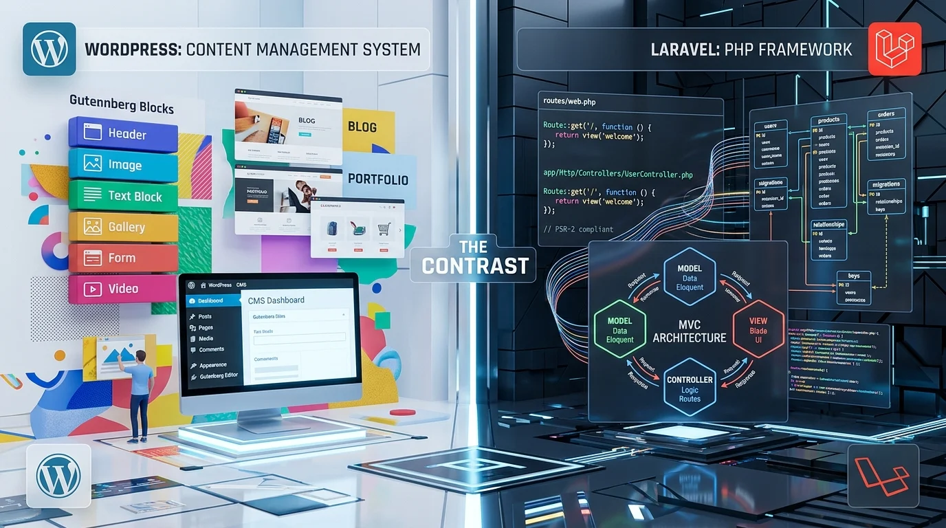Laravel ve WordPress arasındaki temel farklar, CMS yapısı ile MVC tabanlı geliştirmeyi karşılaştırıyor.