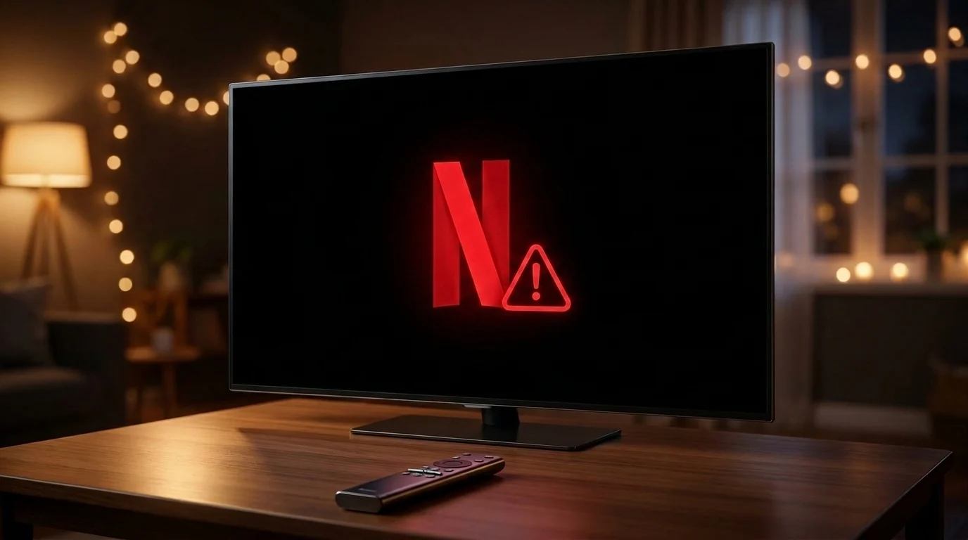 Netflix hata kodları çözümünü simgeleyen, loş ve modern bir oturma odasında parlayan akıllı televizyon ekranı ve şık bir uzaktan kumanda.