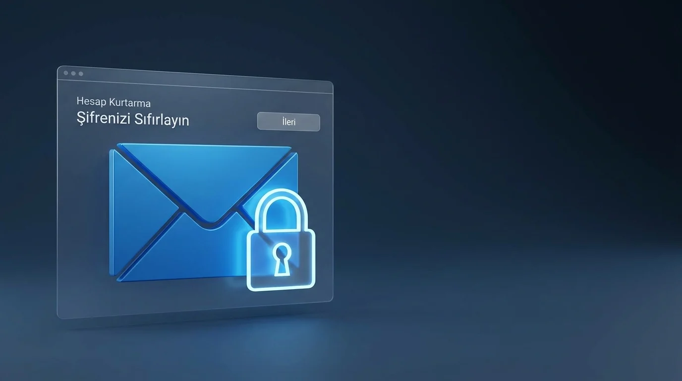 Outlook şifre unuttum sorunu yaşayanlar için e-posta güvenliğini ve hesap kurtarmayı simgeleyen, üzerinde parlak bir kilit bulunan mavi dijital zarf.