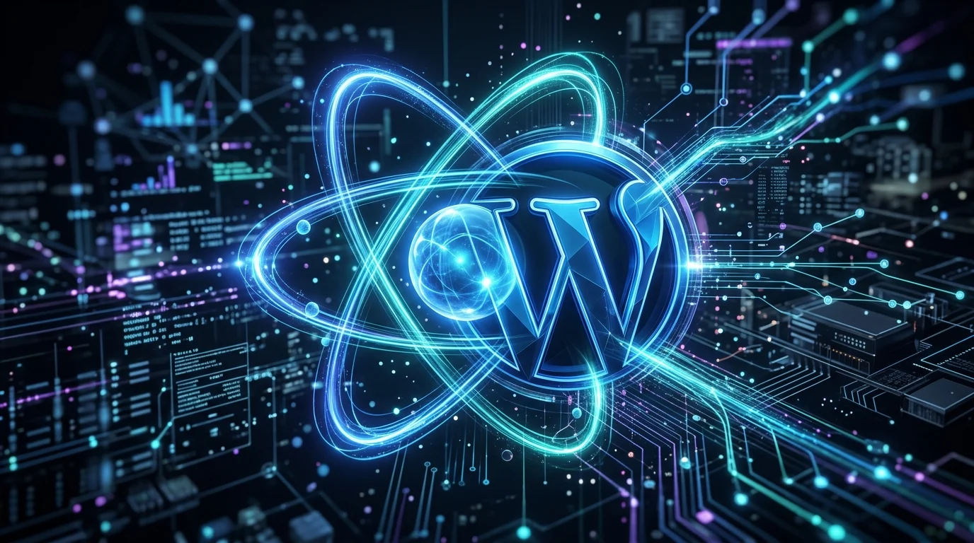 WordPress Teması Geliştirme sürecinde React ve WordPress entegrasyonunu temsil eden dijital görsel