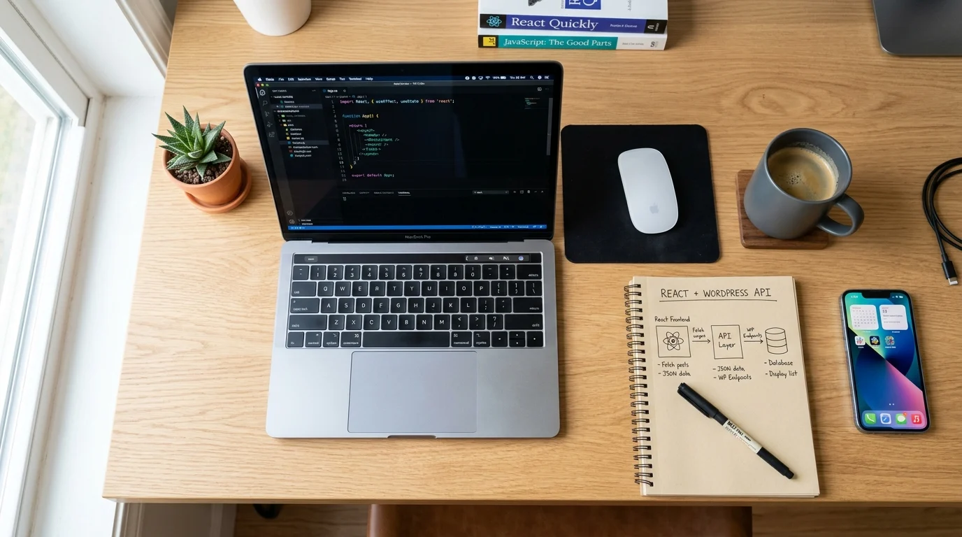 WordPress Teması Geliştirme sürecinde React kodu ve canlı site önizlemesi gösteren çalışma alanı