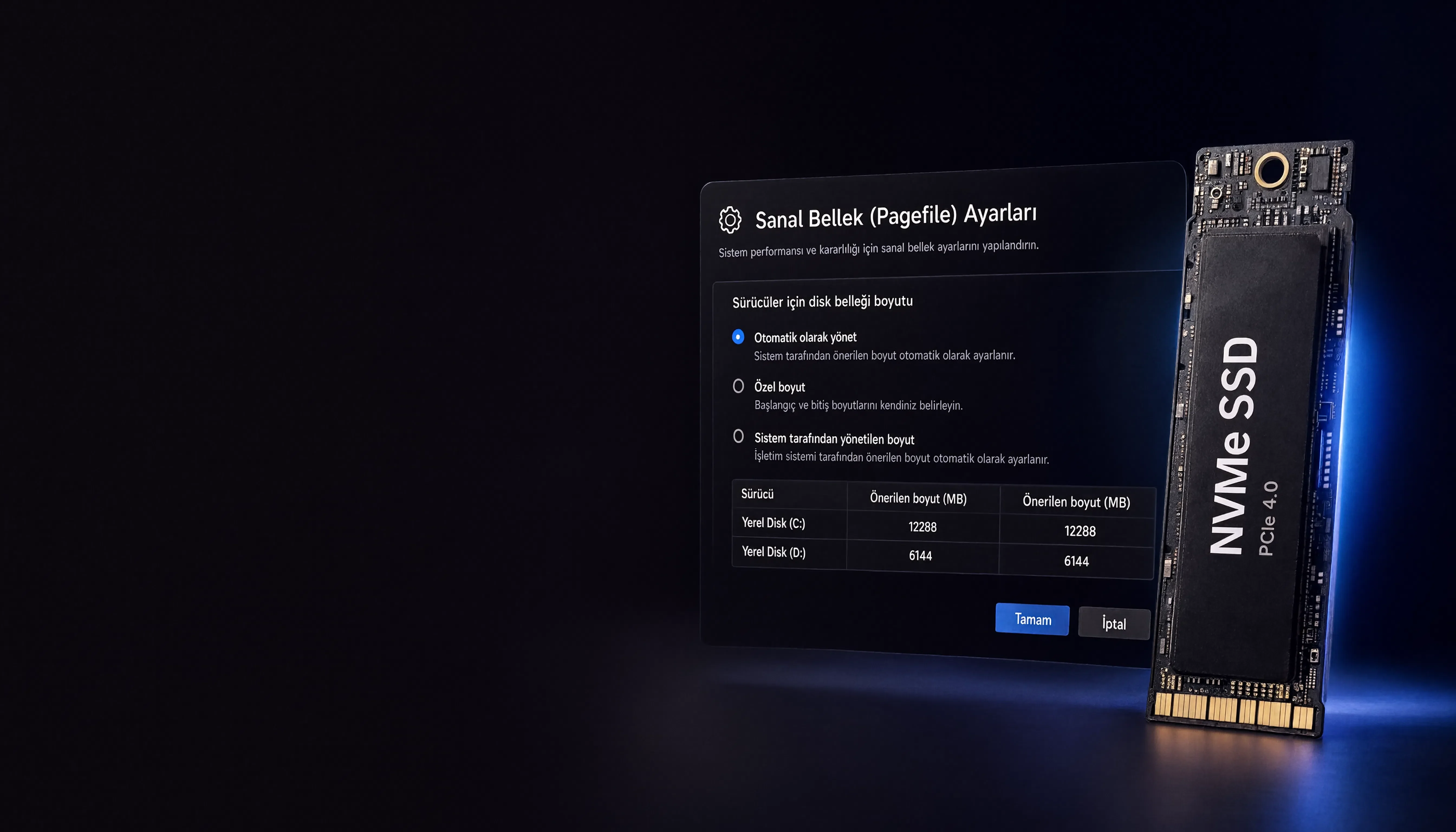 SSD optimizasyonu hatalarını temsil eden, Windows sanal bellek (Pagefile) ayarlarının açık olduğu bilgisayar ekranı ve yanında modern bir NVMe M.2 SSD.