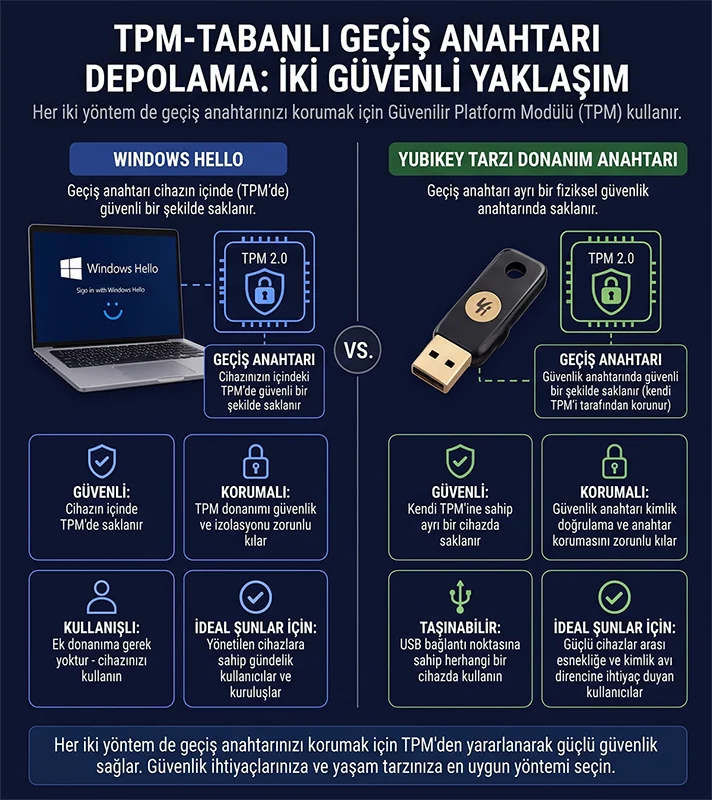 Windows Hello ve YubiKey gibi TPM tabanlı geçiş anahtarı saklama yöntemlerini karşılaştıran görsel