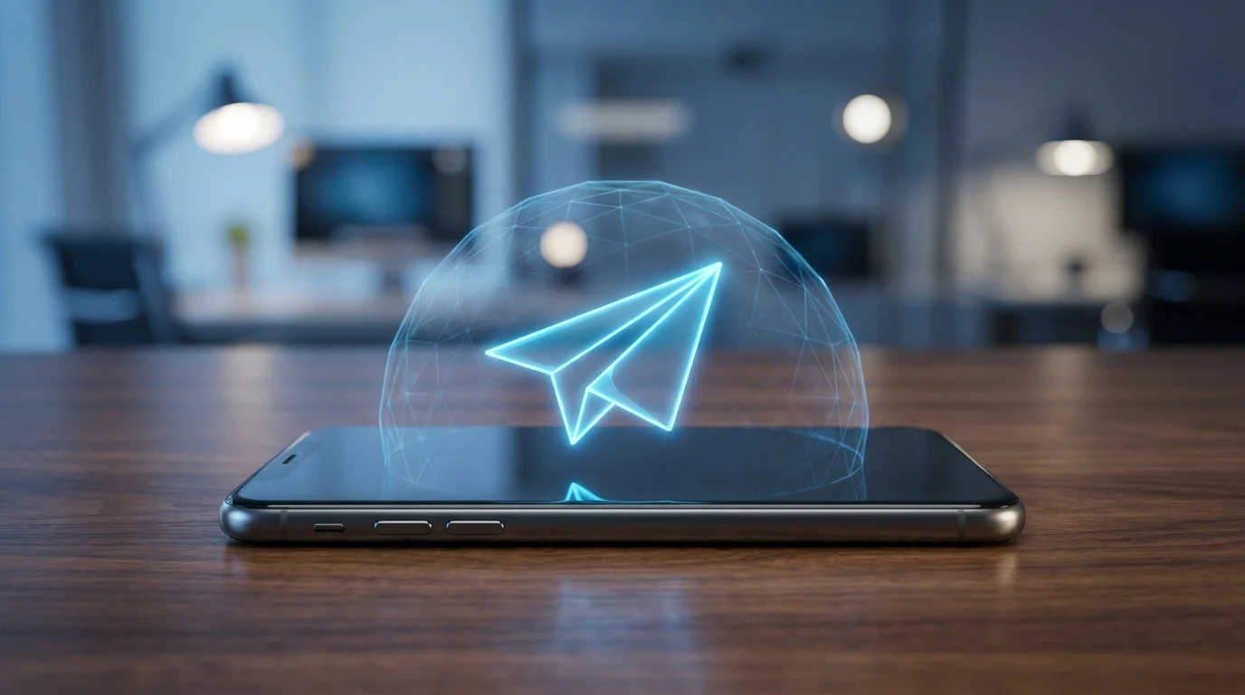 Akıllı telefon ekranının üzerinde dijital gizliliği ve Telegram uygulamasını simgeleyen mavi renkli parlak bir kilit sembolü.
