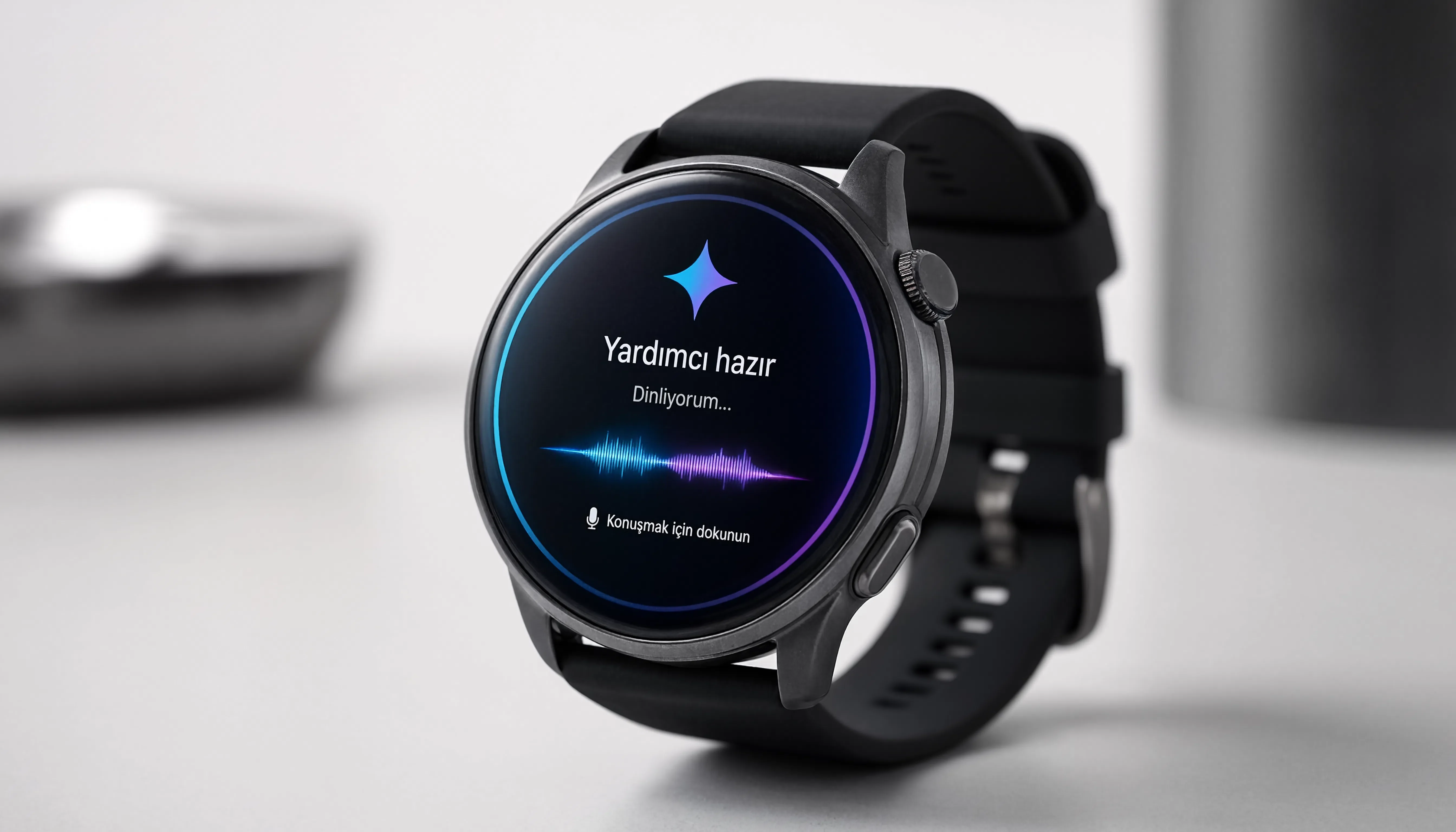 Wear OS saat üzerinde Gemini arayüzünü gösteren ürün fotoğrafı