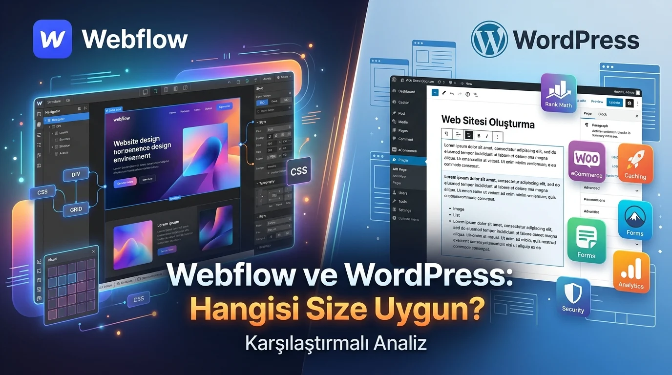 Webflow ve WordPress karşılaştırması, tasarım ve içerik yönetimi seçeneklerini yan yana sunuyor.