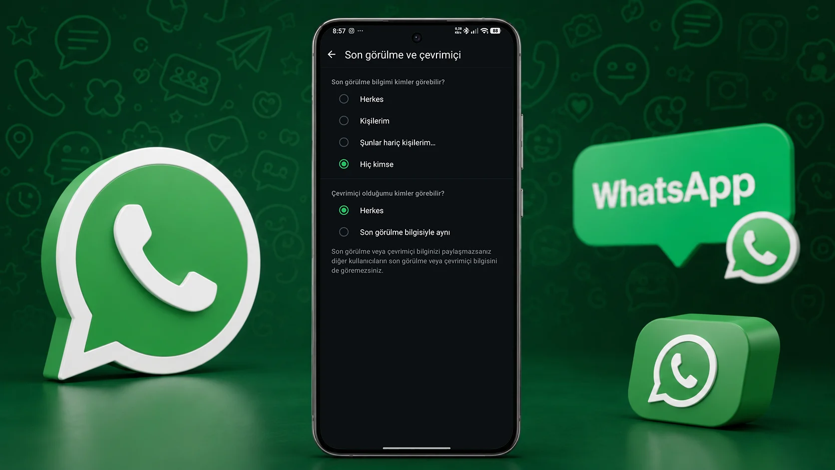WhatsApp Android uygulamasında Gizlilik menüsü ve Son görülme seçeneklerinin ekran görüntüsü