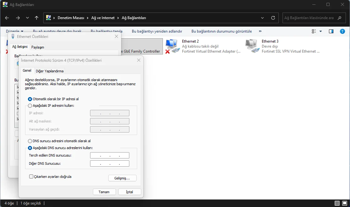 Windows 11 DNS ayarları ekranını ve El ile seçeneğini gösteren görsel