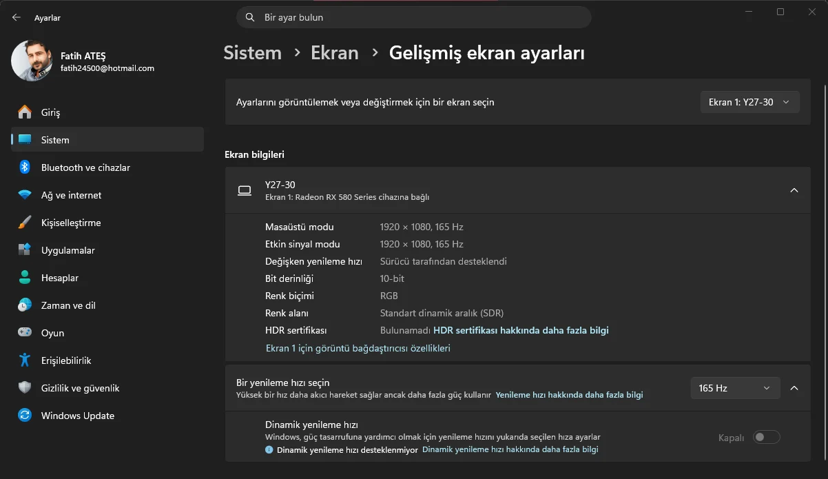 Windows işletim sisteminde ekran yenileme hızı ayarları ekran görüntüsü