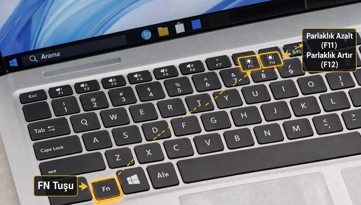 Windows 11 dizüstü bilgisayarda Fn ve parlaklık tuşlarının konumu