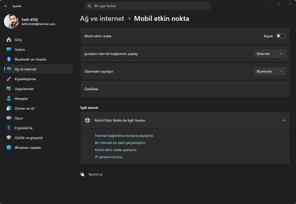 Windows 11 Mobil Hotspot ayarlar ekranını gösteren ekran görüntüsü