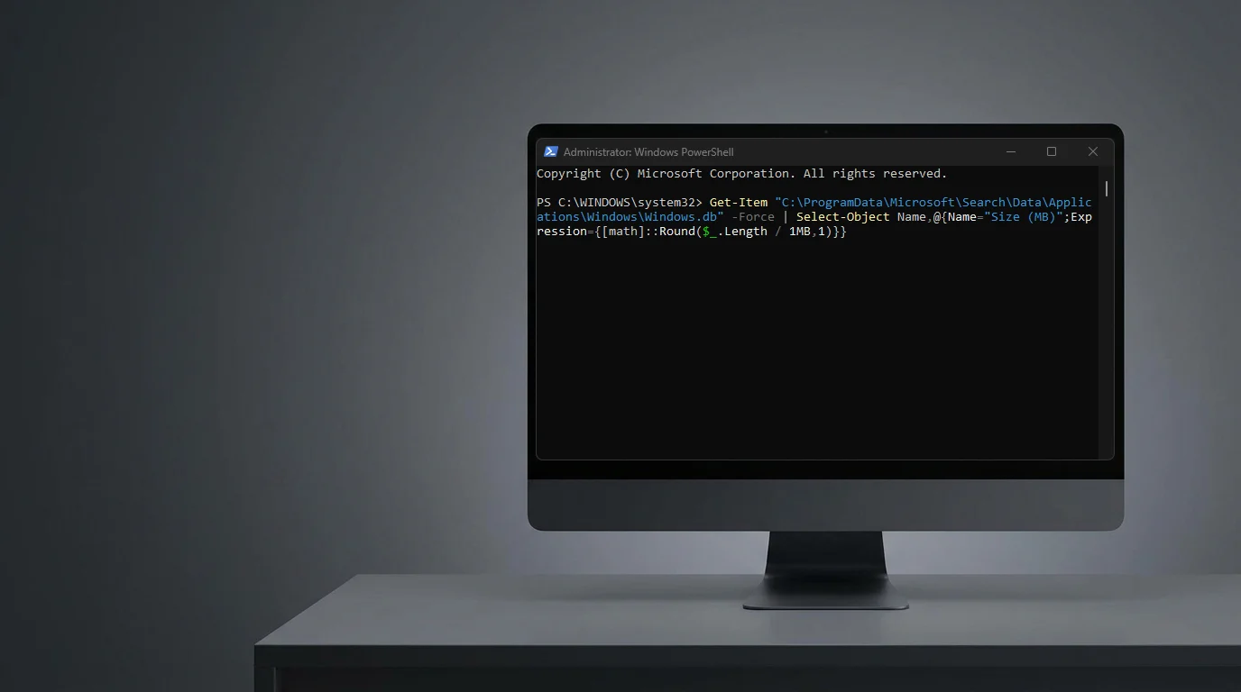PowerShell üzerinden arama indeksi küçültme ve Windows.db dosya boyutunun kontrol edildiği ve arama indeksi ayarlarının yapıldığı bilgisayar ekranı görünümü.