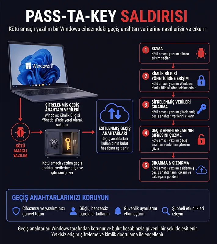 Pass-ta-key saldırısının Windows cihazda geçiş anahtarı verilerine erişim aşamalarını gösteren şema