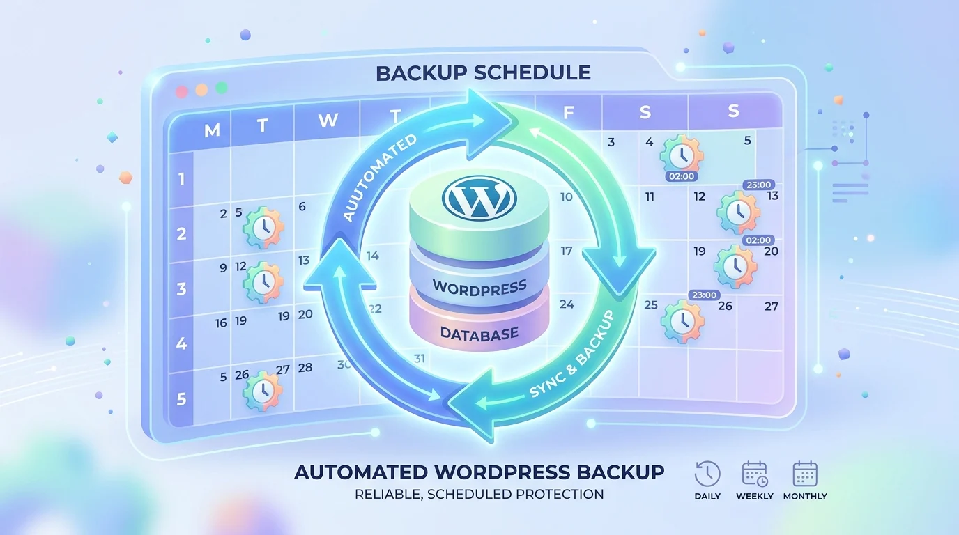 WordPress çift yedekleme sistemi otomatik zamanlama ile düzenli veritabanı kopyaları oluşturur.