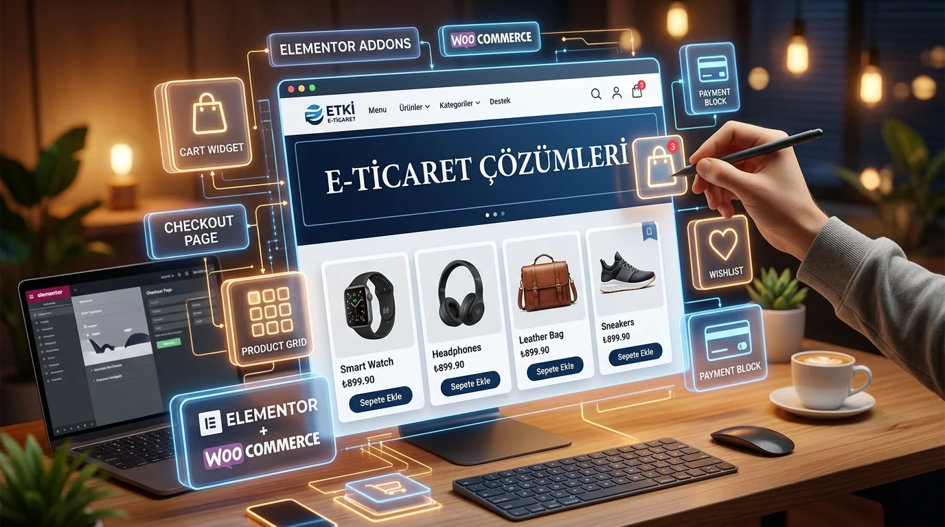 Elementor eklentileri, WooCommerce mağazalarında ürün, sepet ve ödeme alanlarını geliştirmeye yardımcı olur.