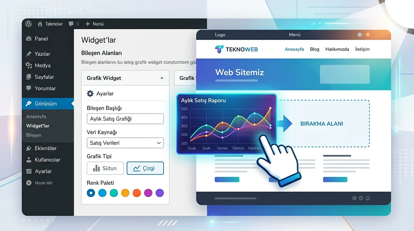 WordPress grafik widget’ları, satış verilerini sürükle bırak yöntemiyle sayfalara eklemeyi kolaylaştırır.