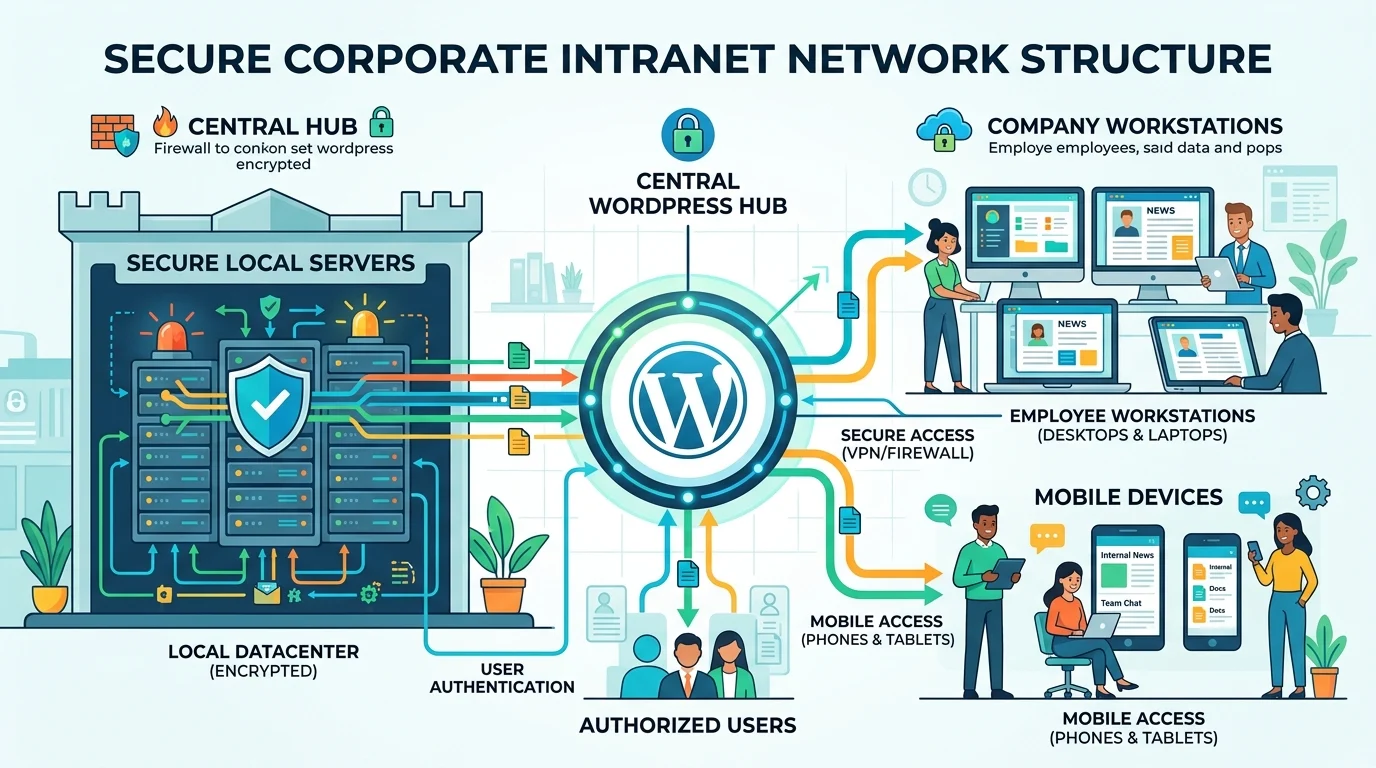 WordPress intranet kurulumu, yetkili kullanıcıları sunucu, masaüstü ve mobil erişimde birleştirir.