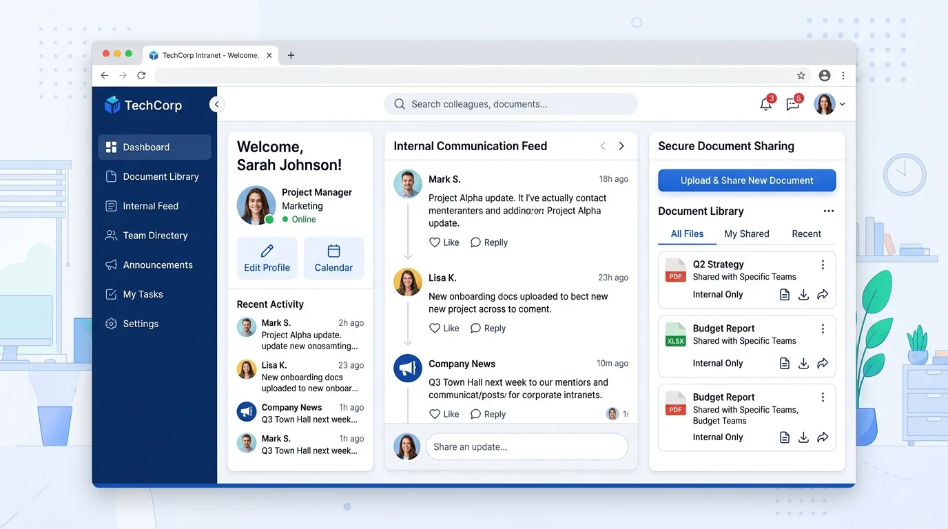 WordPress intranet kurulumu, çalışanlara haberler, belgeler ve ekip iletişimi için merkezi alan sunar.