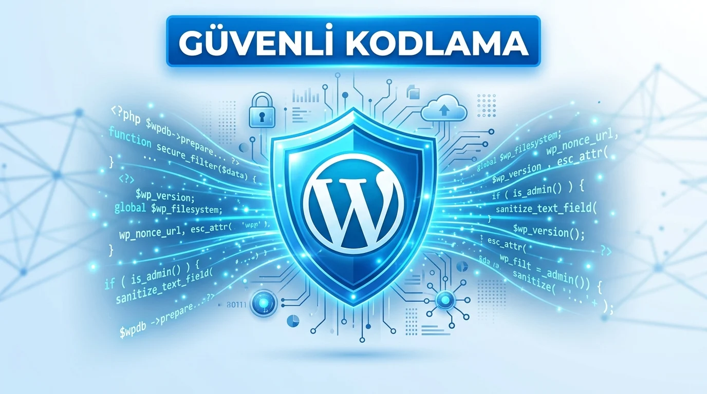 WordPress Kodlama güvenliğini simgeleyen kalkan, WordPress logosu ve PHP kodları