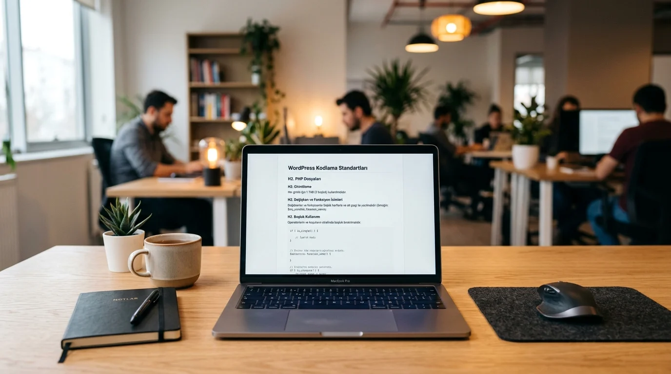WordPress Kodlama standartlarının açık olduğu dizüstü bilgisayar ve ortak çalışma alanı