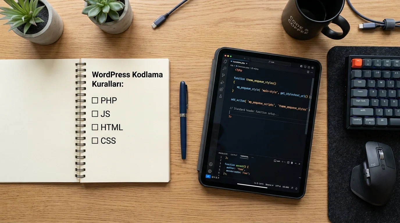 WordPress Kodlama kurallarını listeleyen not defteri yanında PHP kodu açık tablet