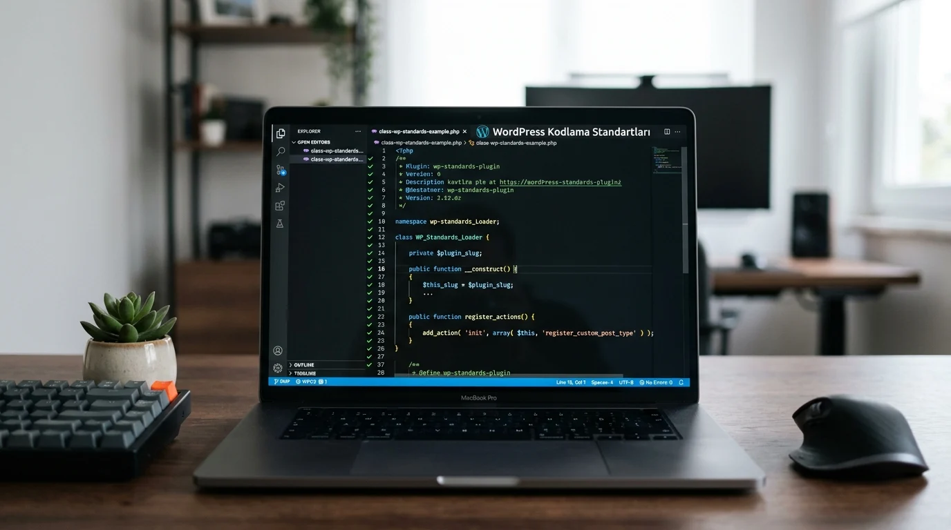 WordPress Kodlama standartlarını gösteren PHP kodlarının açık olduğu dizüstü bilgisayar ekranı