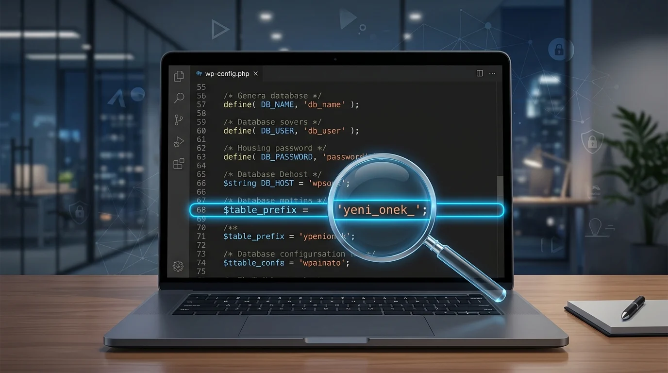 WordPress tablo öneki değiştirme ayarının wp-config.php dosyasında düzenlendiğini gösteren kod ekranı