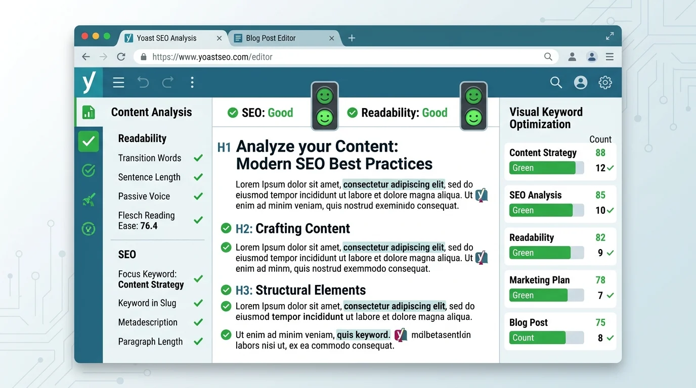 WordPress Yoast SEO ayarları nasıl yapılır sürecinde içerik analizi ve anahtar kelime puanları