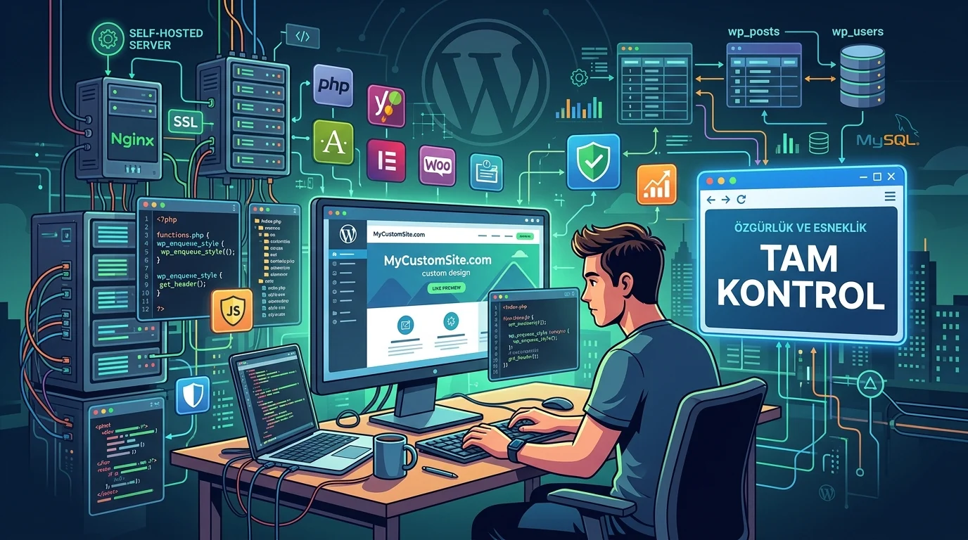 WordPress.com ve WordPress.org arasındaki farklar, sunucu yönetimi ve tam kontrol üzerinden gösteriliyor.