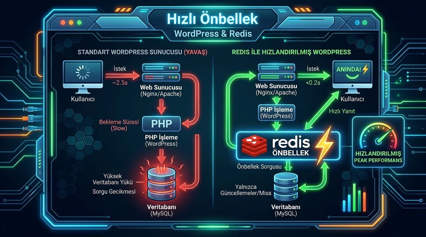 WordPress’te Redis önbellekleme, veritabanı sorgularını azaltarak daha hızlı sayfa yanıtı sağlar.