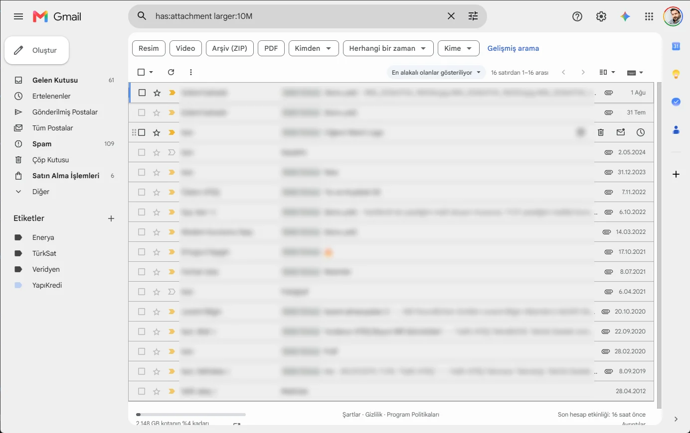Gmail arama çubuğunda hasattachment larger10M operatörünün kullanımı