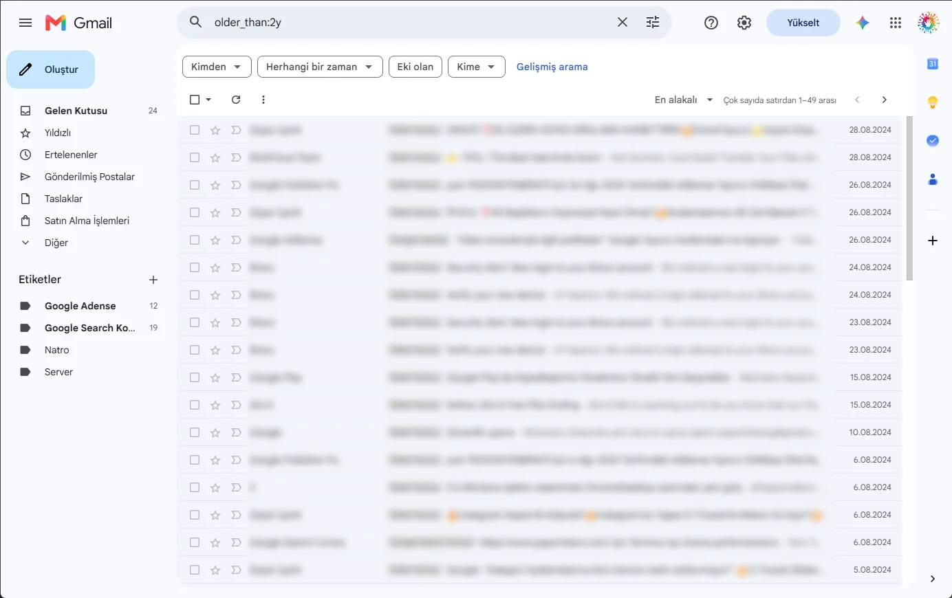 Gmail arama sonuçlarında 2 yıldan daha eski e-postaların listesi