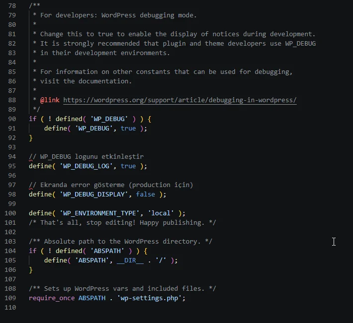 wp-config.php dosyasında WP_DEBUG satırının değiştirildiği görüntü