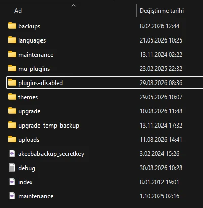FTP istemcisinde wp-content/plugins klasörünün yeniden adlandırılması