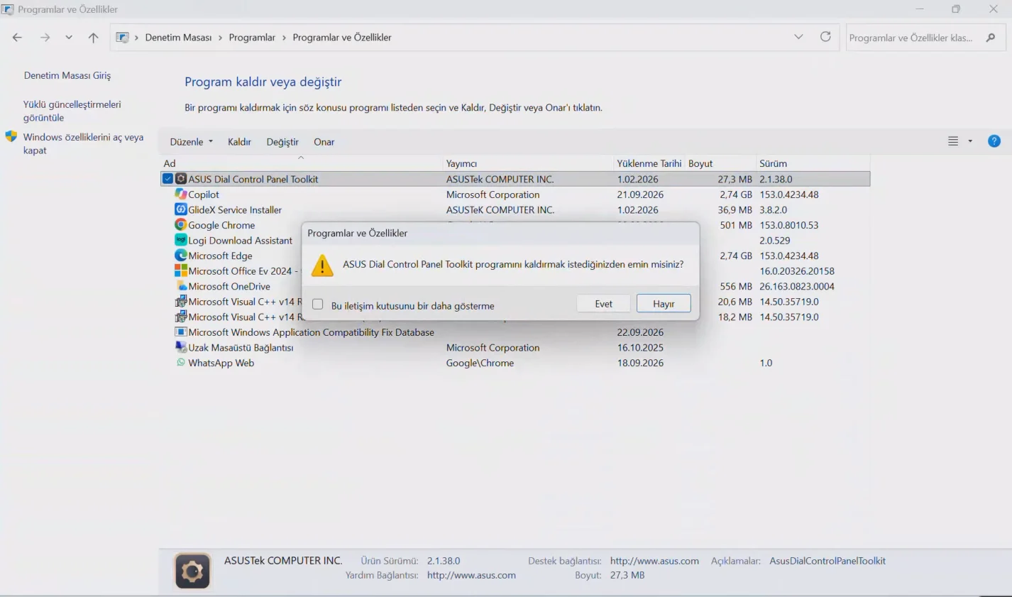 Programlar ve Özellikler listesinden ASUS Dial Control Panel Toolkit kaldırma