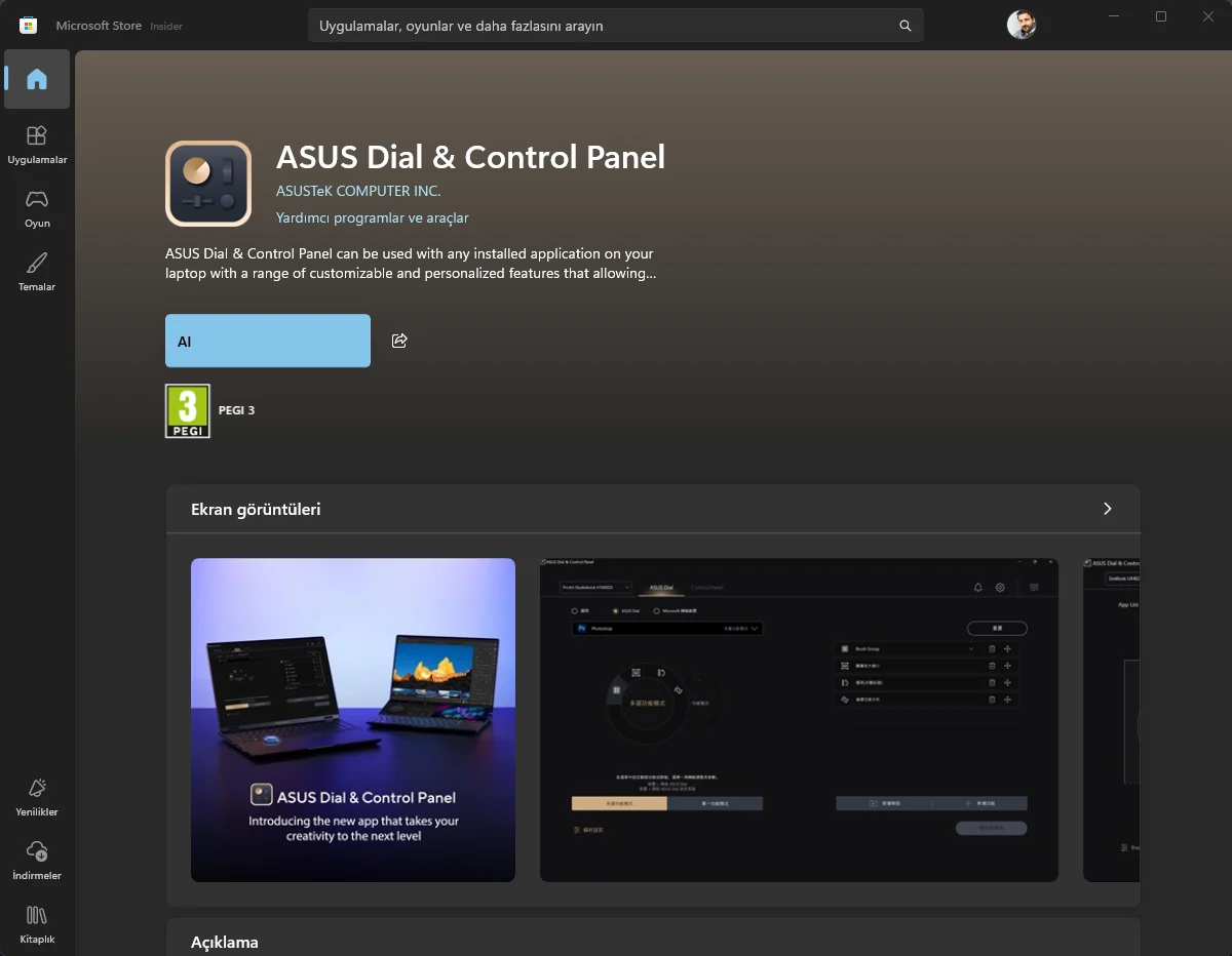 Microsoft Store'da ASUS Dial & Control Panel uygulamasının kurulumu